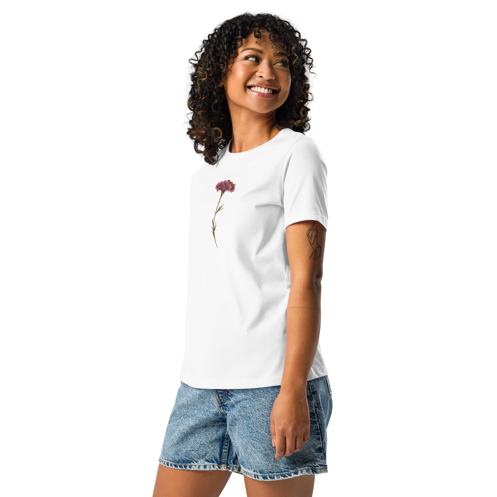 Women's white relaxed fit t-shirt with watercolor pink carnation flower drawn by artist Amy-Lynn Denham
